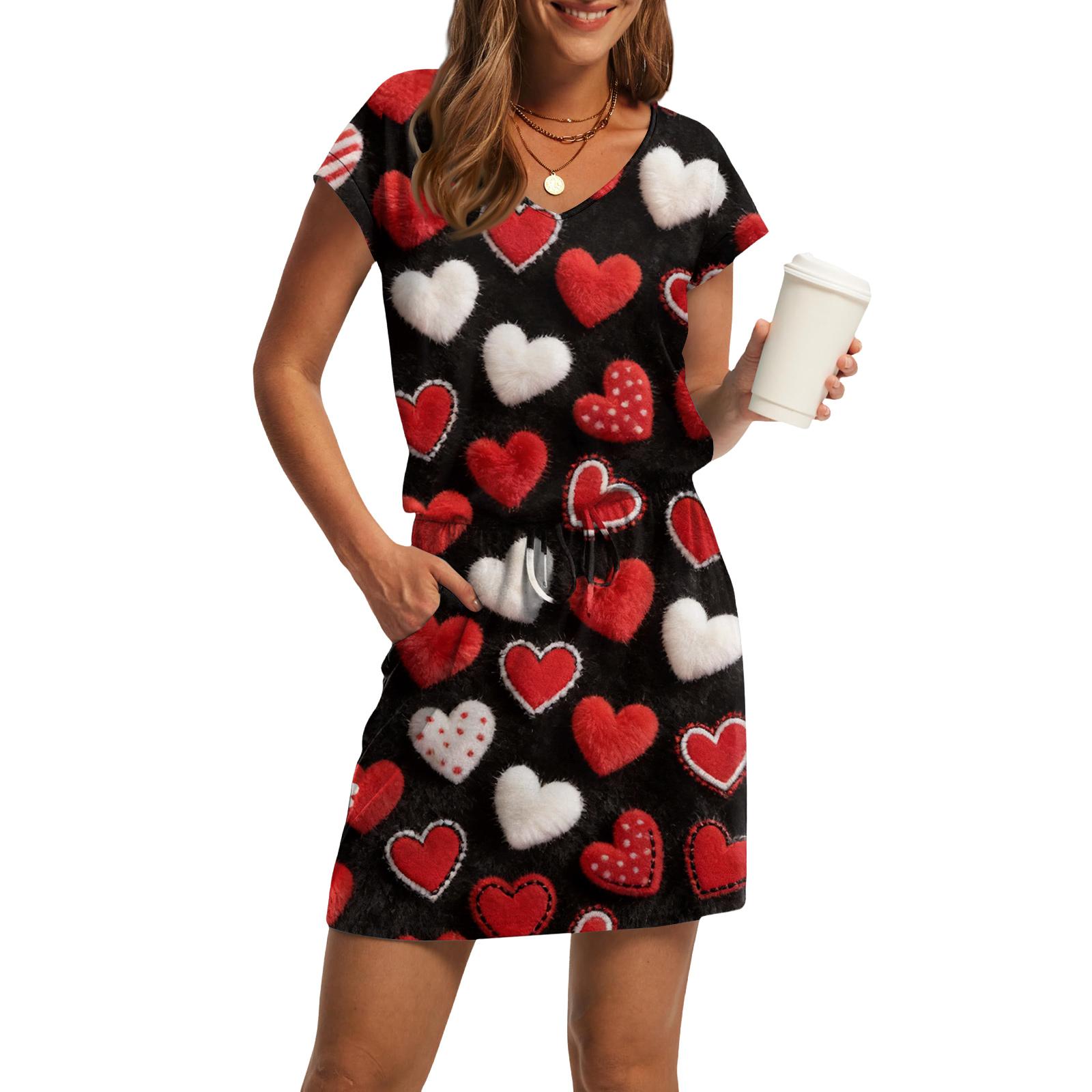 

Women s V,Neck Short,Sleeve Drawstring Pocket Valentine s Day Print Casual Dress L