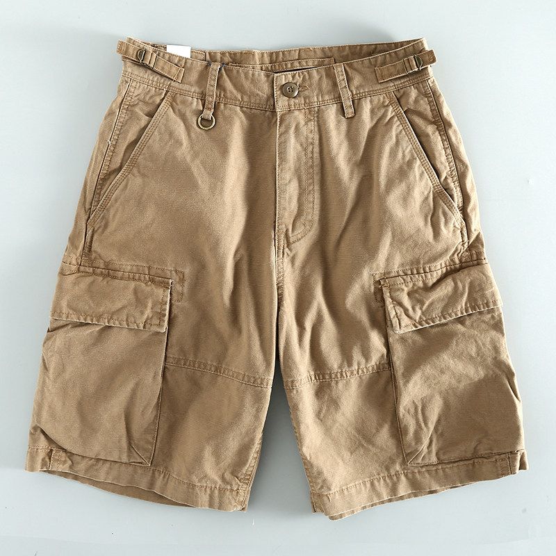 Export Tail Single Men s Summer Cattle Goods Pure Cotton Washed Overalls Shorts Multi-Pocket Loose Straight-leg Cropped Casual Pants Fashion Khaki 36