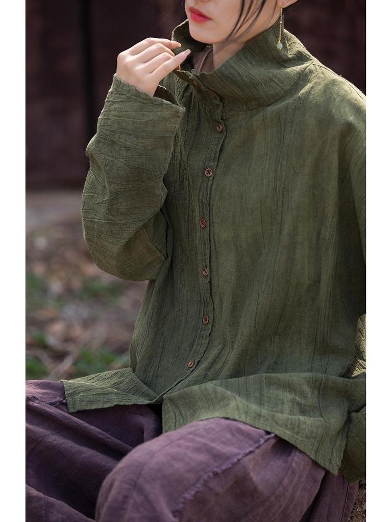 Women's Winter Tie-Dye Ramie Cotton Cardigan - Loose, Semi-High Collar Shirt in National Style.