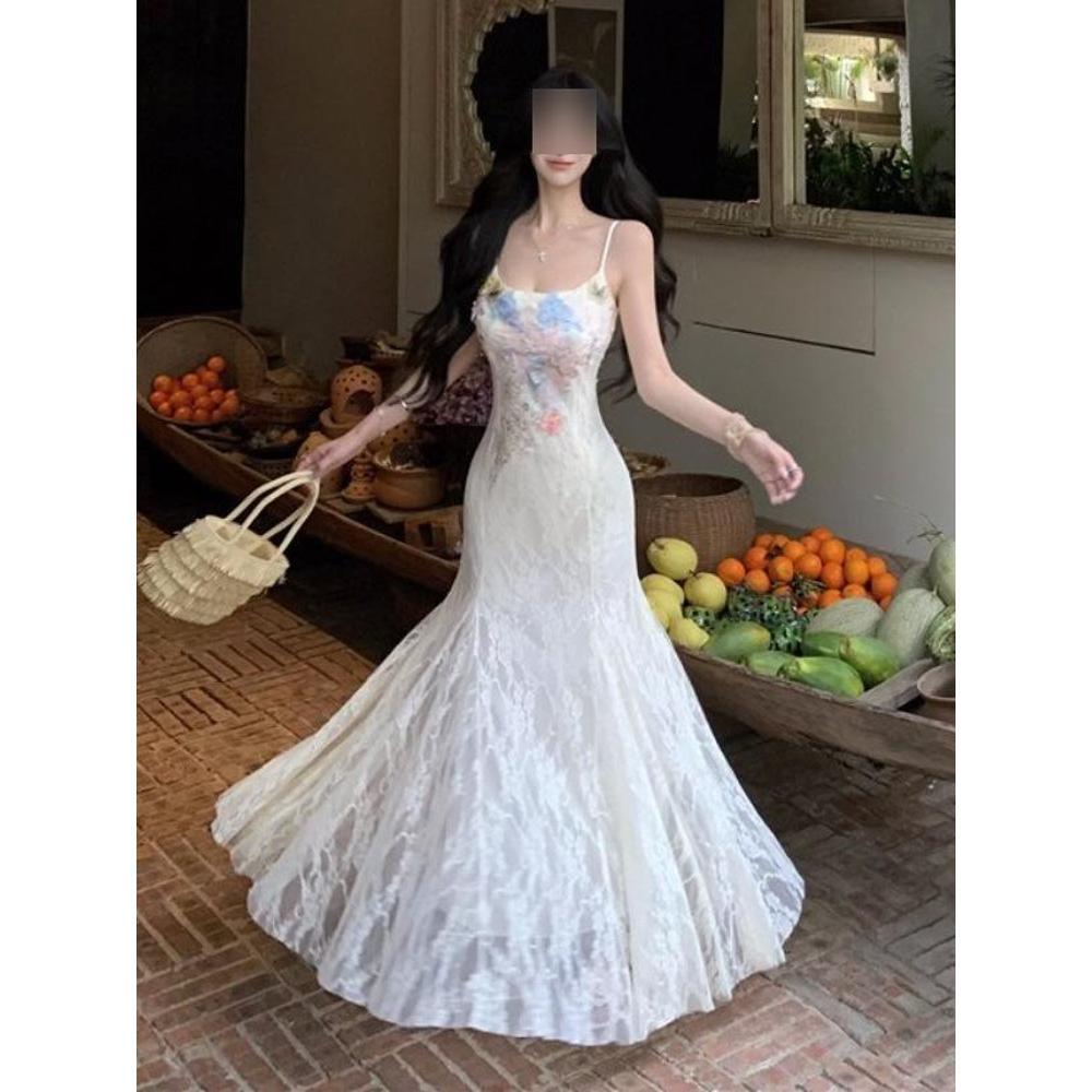 

Пляжный отдых ветер талия сетка рыбий хвост облегающее бедра длинное платье ветер темперамент платье на бретелях универсальное женское лето XL- (recommended 110-60kg)