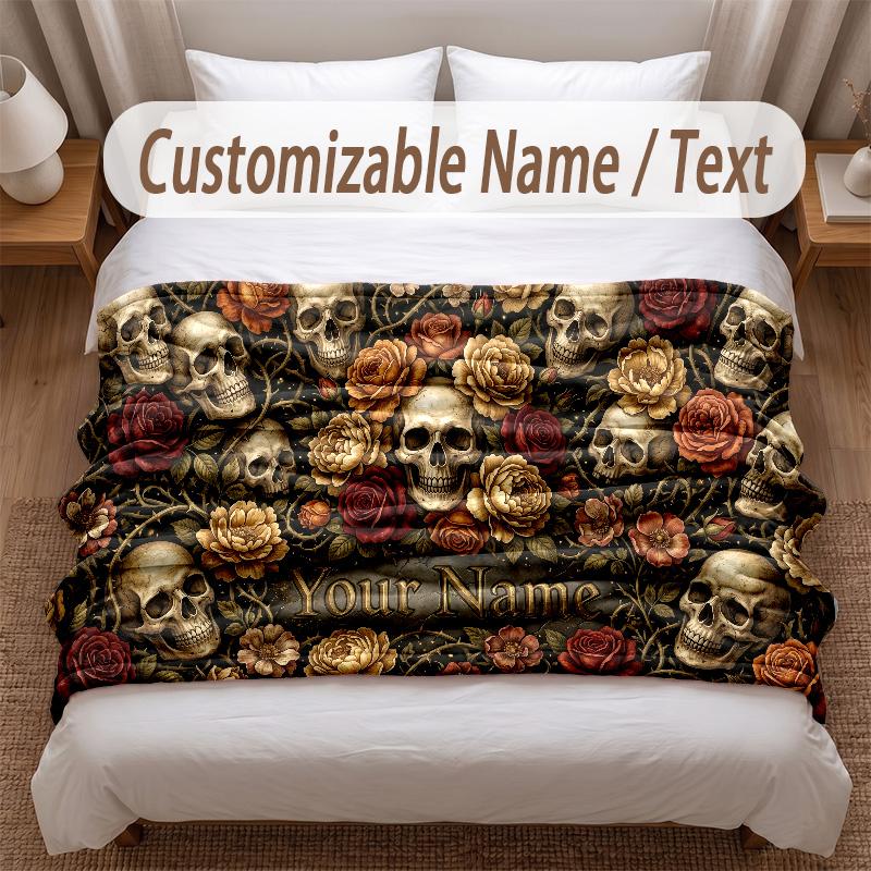 Skull Gothic Theme Soft Blanket Personalized Custom Name Text Print Warm Blanket Home Sofa Bedroom Decor
