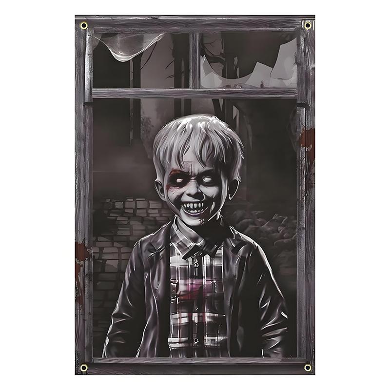1Pcs Halloween Window Silhouette Decora Halloween Boy Girl Scary Banner Blood Ghost Window Cover Horror Theme Window Poster 2025