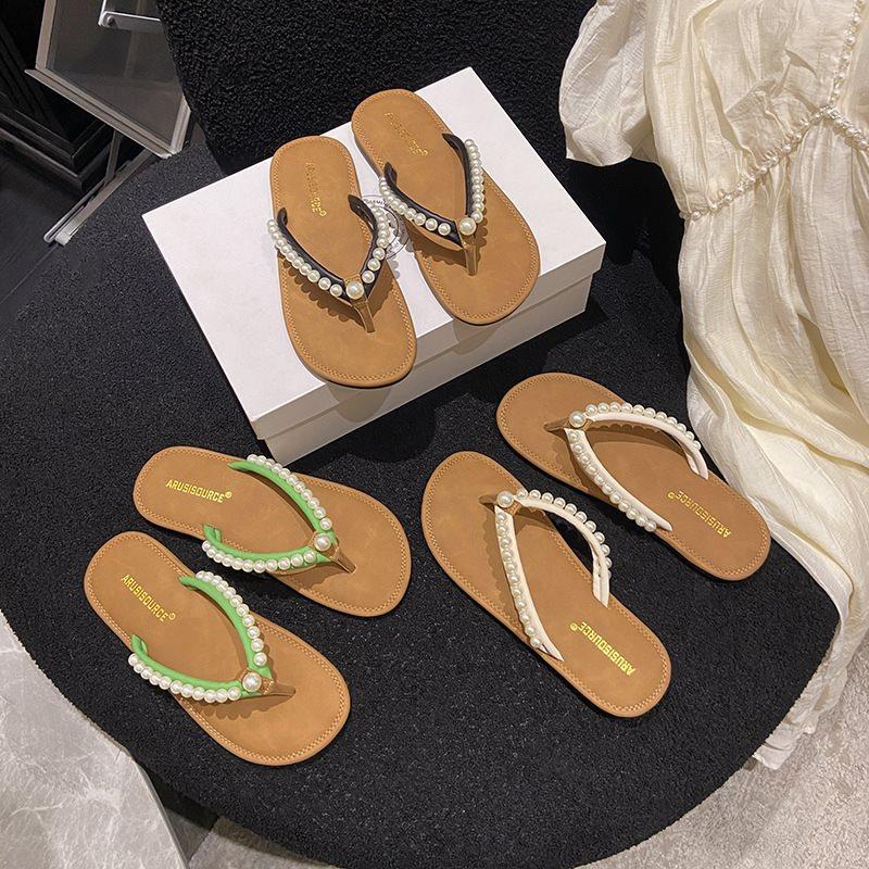 Large size vacation pinch foot soft flip-flops women's summer outer wear foreign trade flat bottom new year pearl seaside 2025