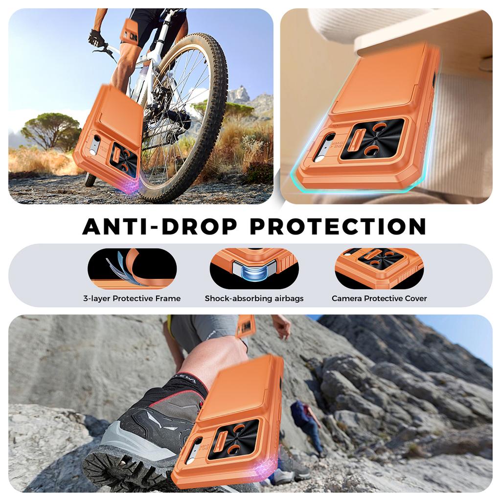 Shockproof Protective Wallet Case with Card Holder, Kickstand and Sliding Camera Cover for iPhone 17 Pro-Orange