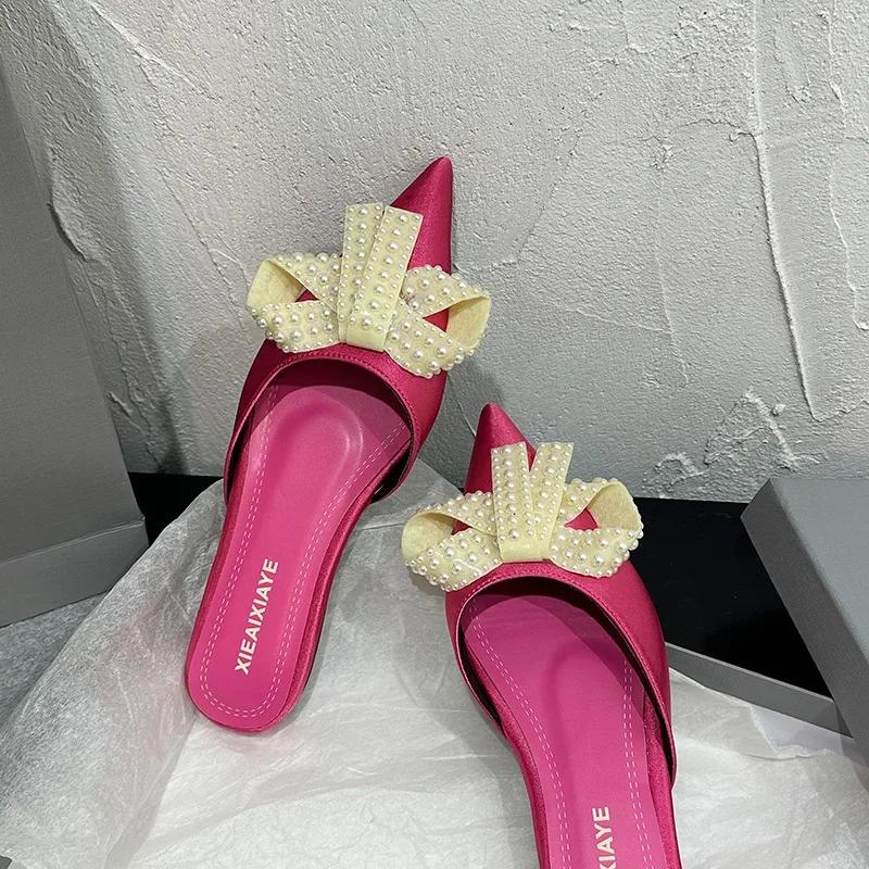 Fashion 2025 Shoes Female Closed Toe Women's Slippers Fashion Dress Slippers Women String Bead Bow Tie Pointed Toe Low Heel Sandals