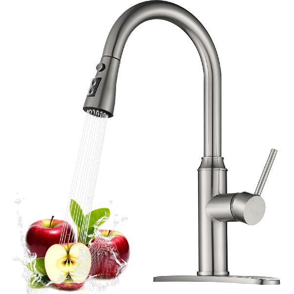 Arofa Kitchen Faucet with Pull Down Sprayer, Brushed Nickel Kitchen Sink Faucet 1-3 Hole Single Handle High Arc Stainless Steel Commercial Modern