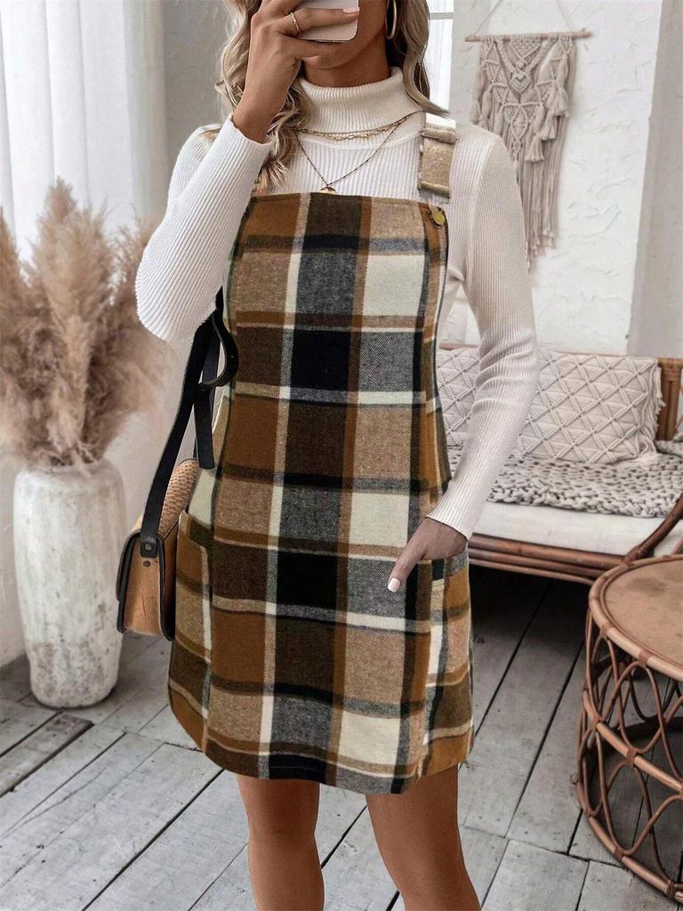Women's Casual Plaid Overall Dress with Pockets