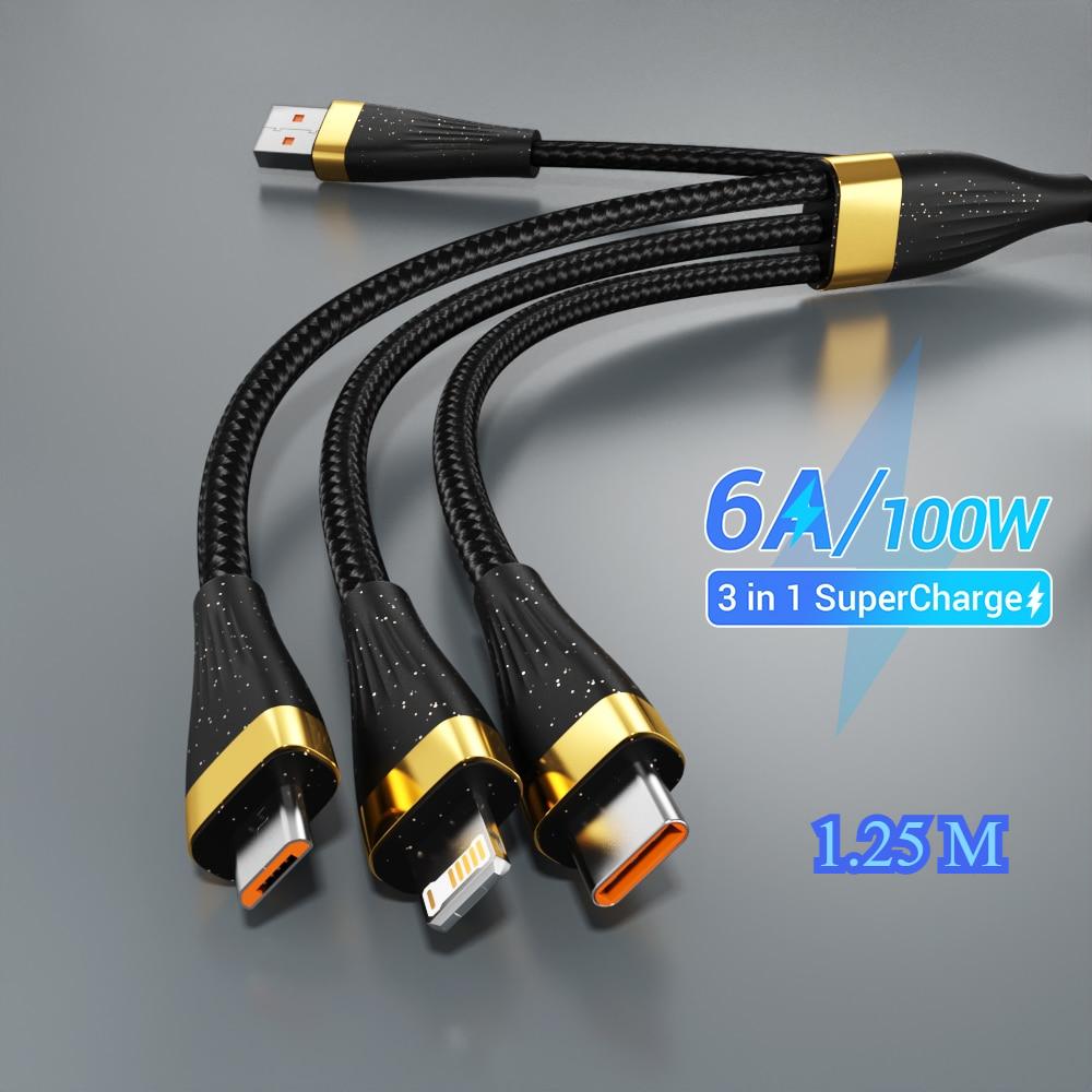 

3 in 1 USB Super Charge Cable 6A 100W for Huawei Honor Portable Micro USB Type C Cable Charging Cable For iPhone 15 14 Samsung