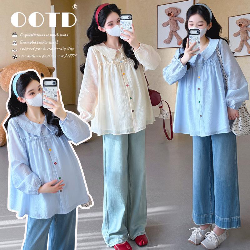 2026 Spring Korean Style Maternity Doll Collar Ruffle Trim Patchwork Sweet Shirt Top M