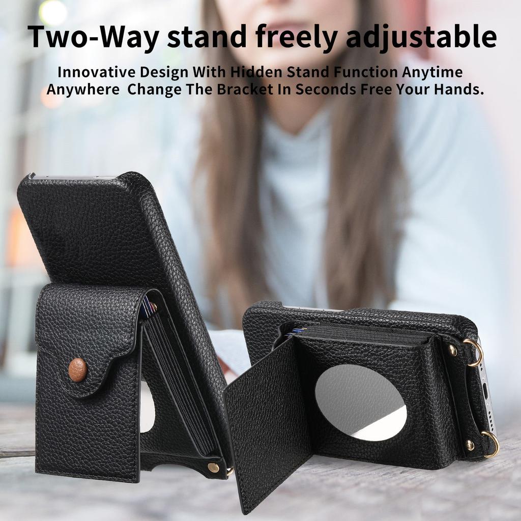 For Samsung Galaxy A06 5G/Galaxy A06 4G Case Mirror Card Holder Litchi Texture Leather Phone Back Cover with Long Strap