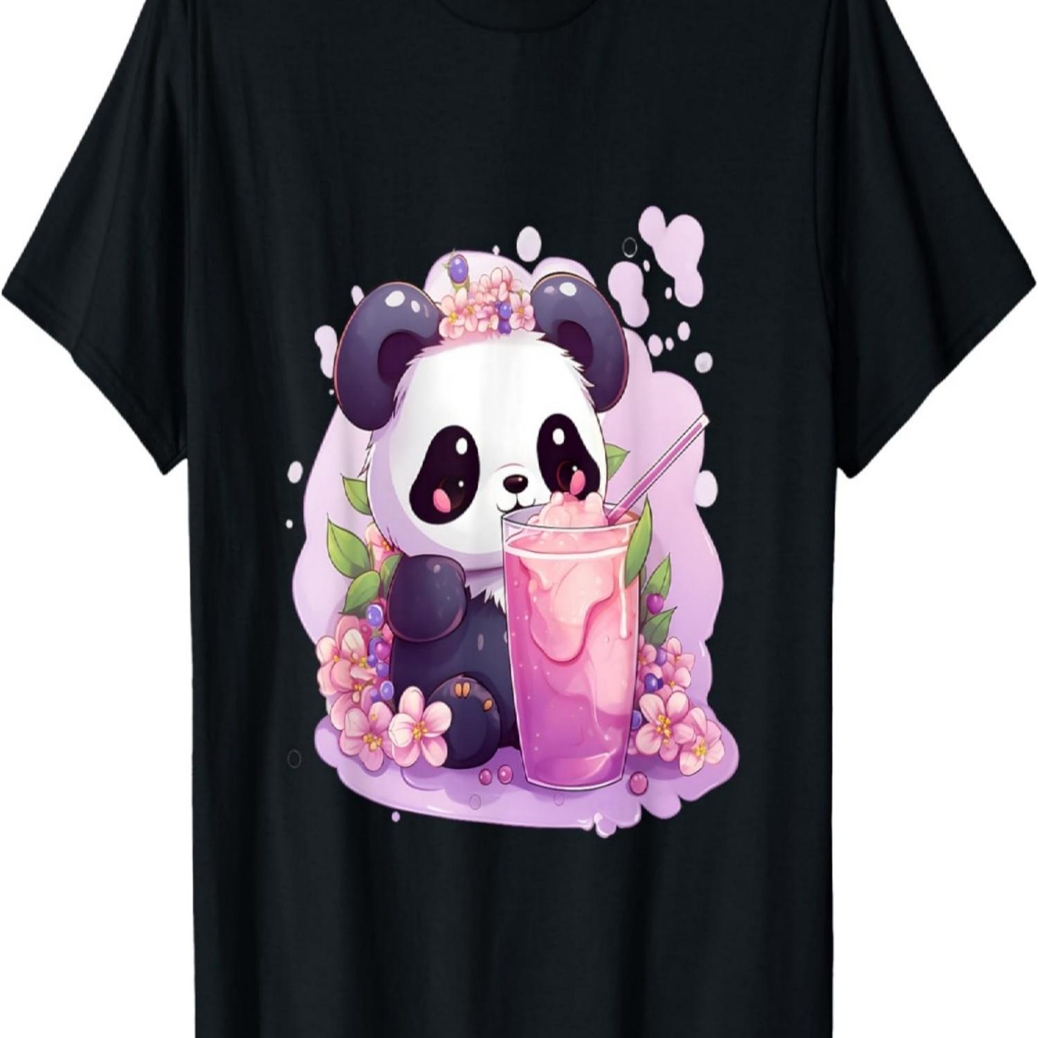 Kawaii Anime Panda Drinks Boba Tea Bubble Cherry Blossom T-Shirt(8) S чёрный