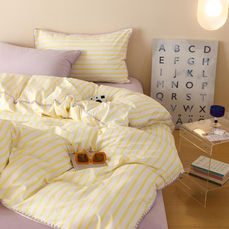 Yellow Stripe Bedding Set Protein Durable Washed Cotton Block Shell Embroidery Comforter Warm Cover Full Size with Pillowcases
