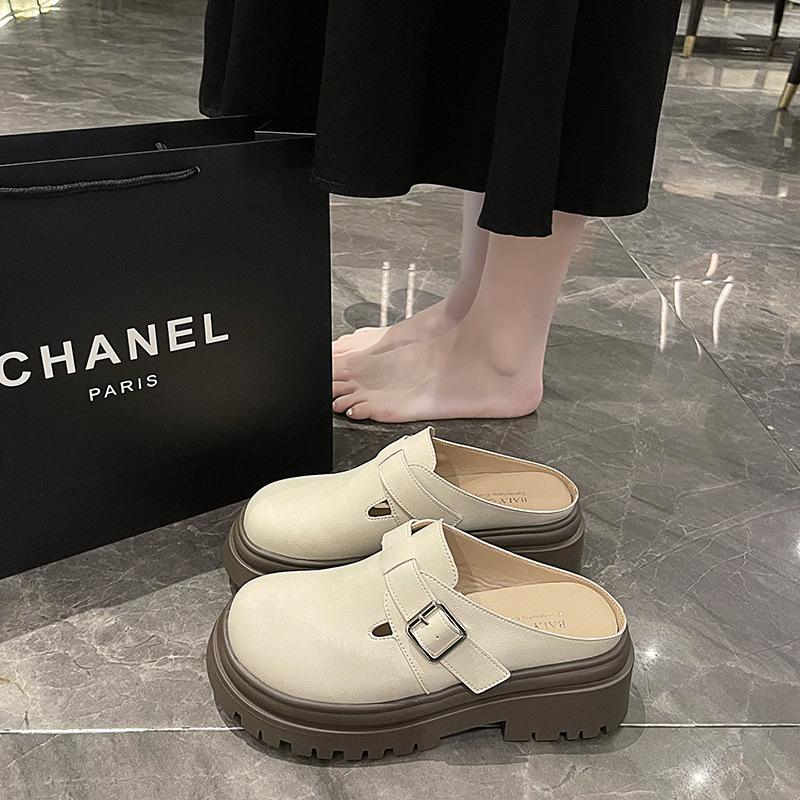 British Style Single Shoes Women's Popular Spring New Bag Head Half Slippers Women's Platform Belt Buckle Fashion Casual Women's Shoes