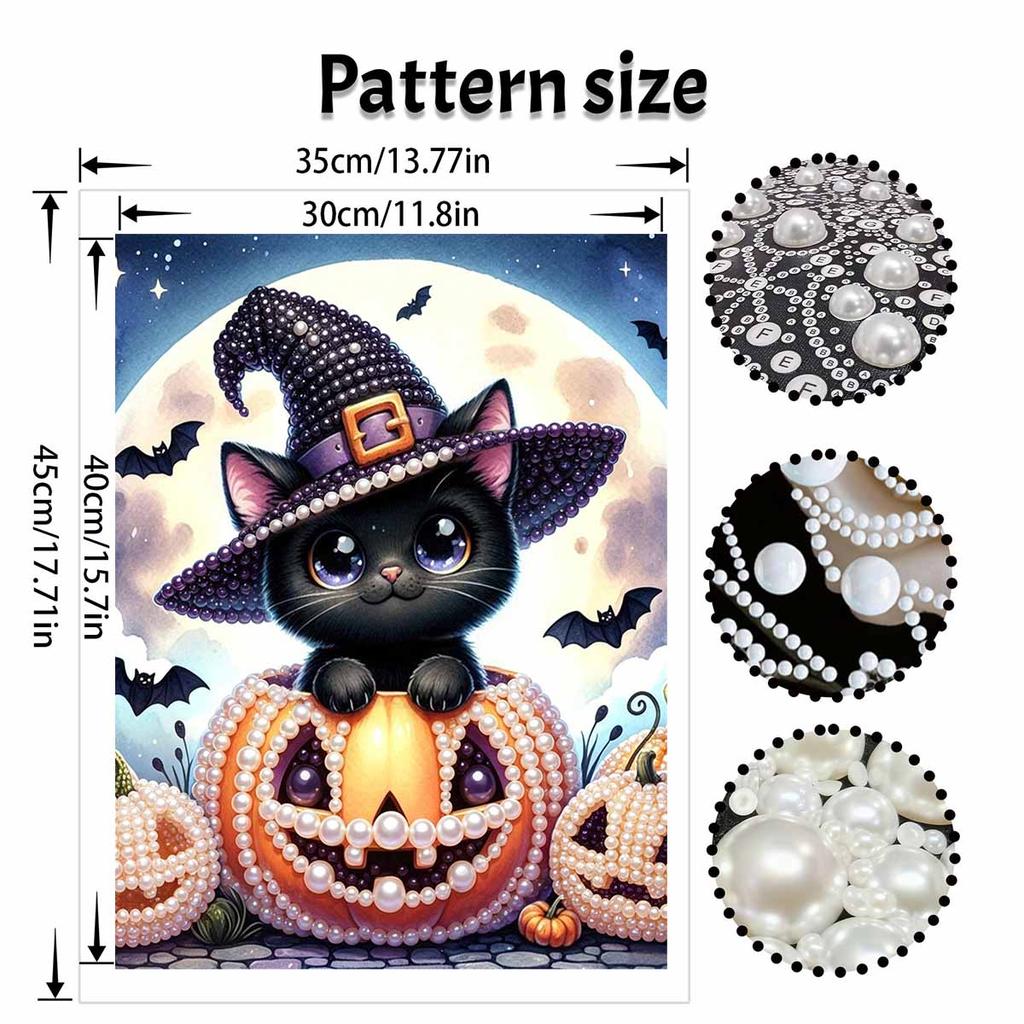 Pearl Painting DIY Kit Frameless Halloween Black Cat Pumpkin Pattern Shiny Bead Art Canvas Creative Wall Decor Holiday Gift