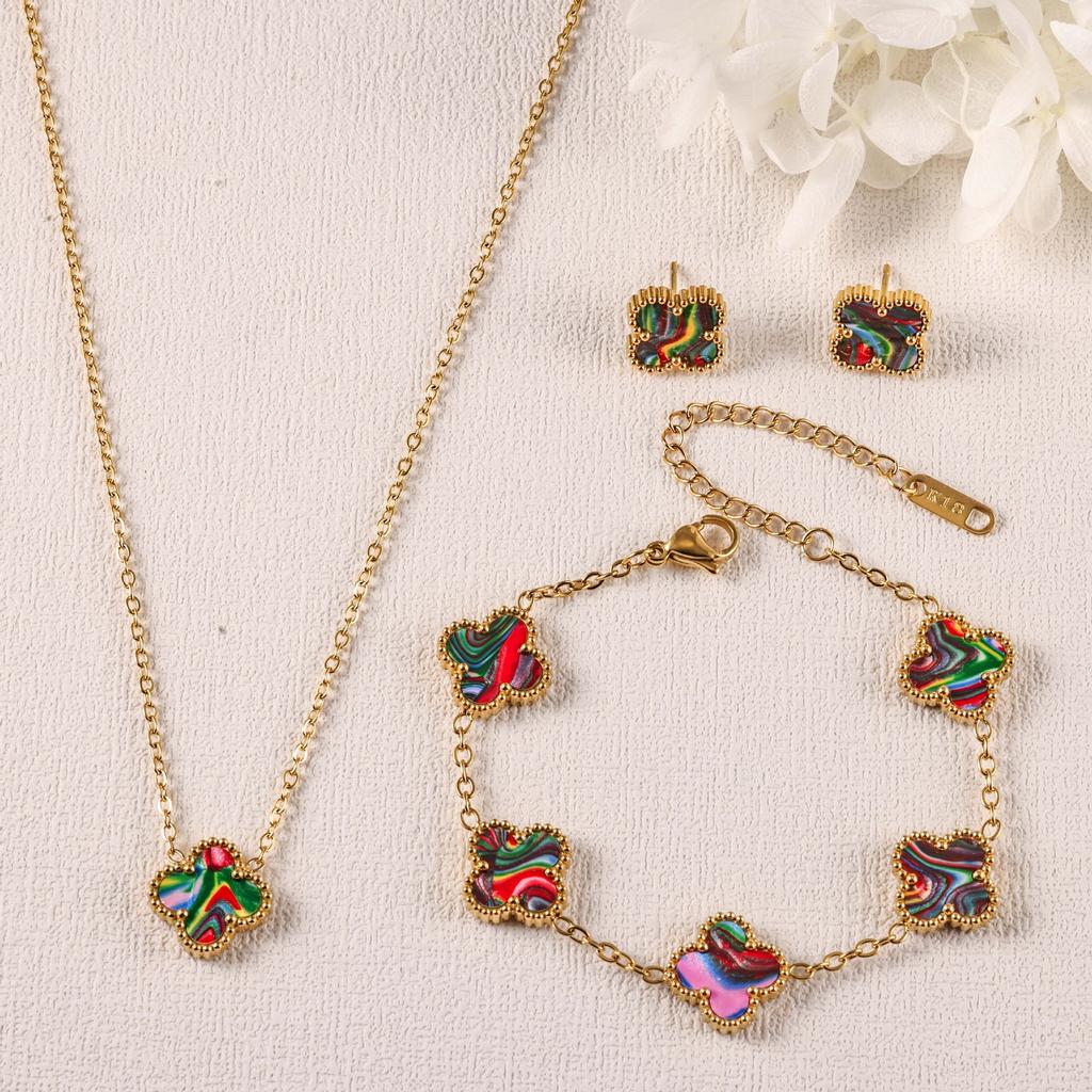 Conjunto de Brincos, Pulseira e Colar de Trevo 3 Peças Acessórios de Moda Coloridos de Luxo Leve