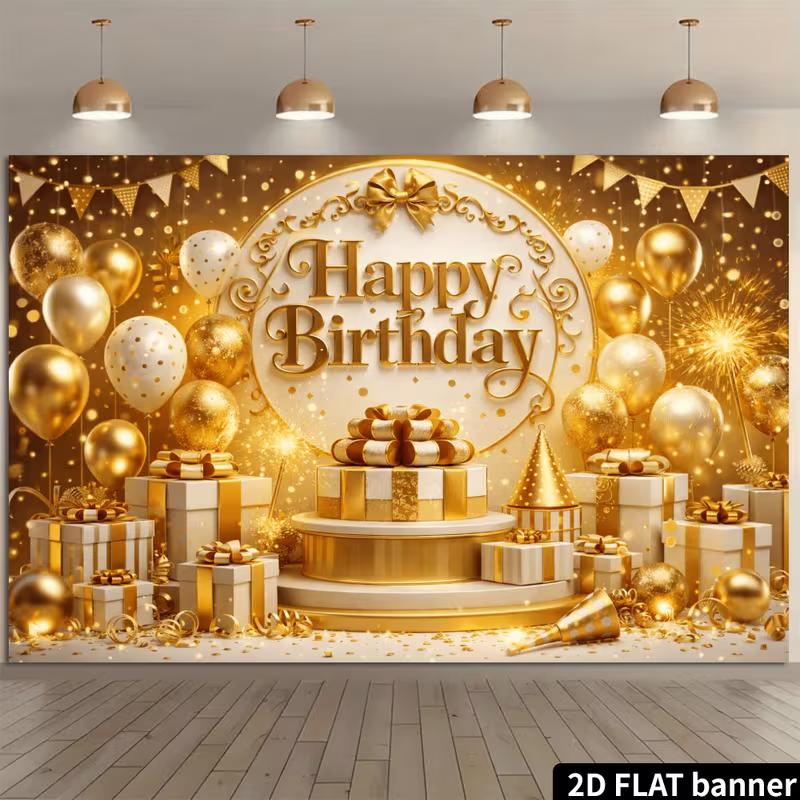 

2D Gold & White Themed Birthday Photo Booth Backdrop with Bunting Flags 47.2x31.5inch/120*80cm