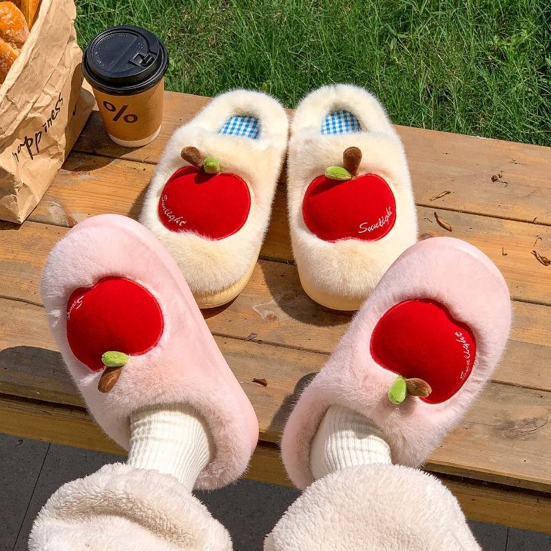 Apple Cotton Slippers Women's Autumn and Winter New Indoor Home Fleece Warm Couple Thick-soled Plush Cotton Shoes Men