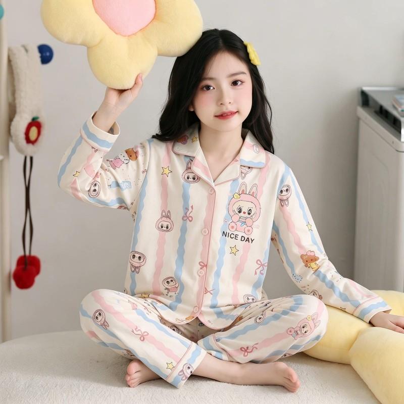 100% Cotton Girls Pajama Set Long Sleeve Cartoon Print Sleepwear Open Front Robe Style Fall