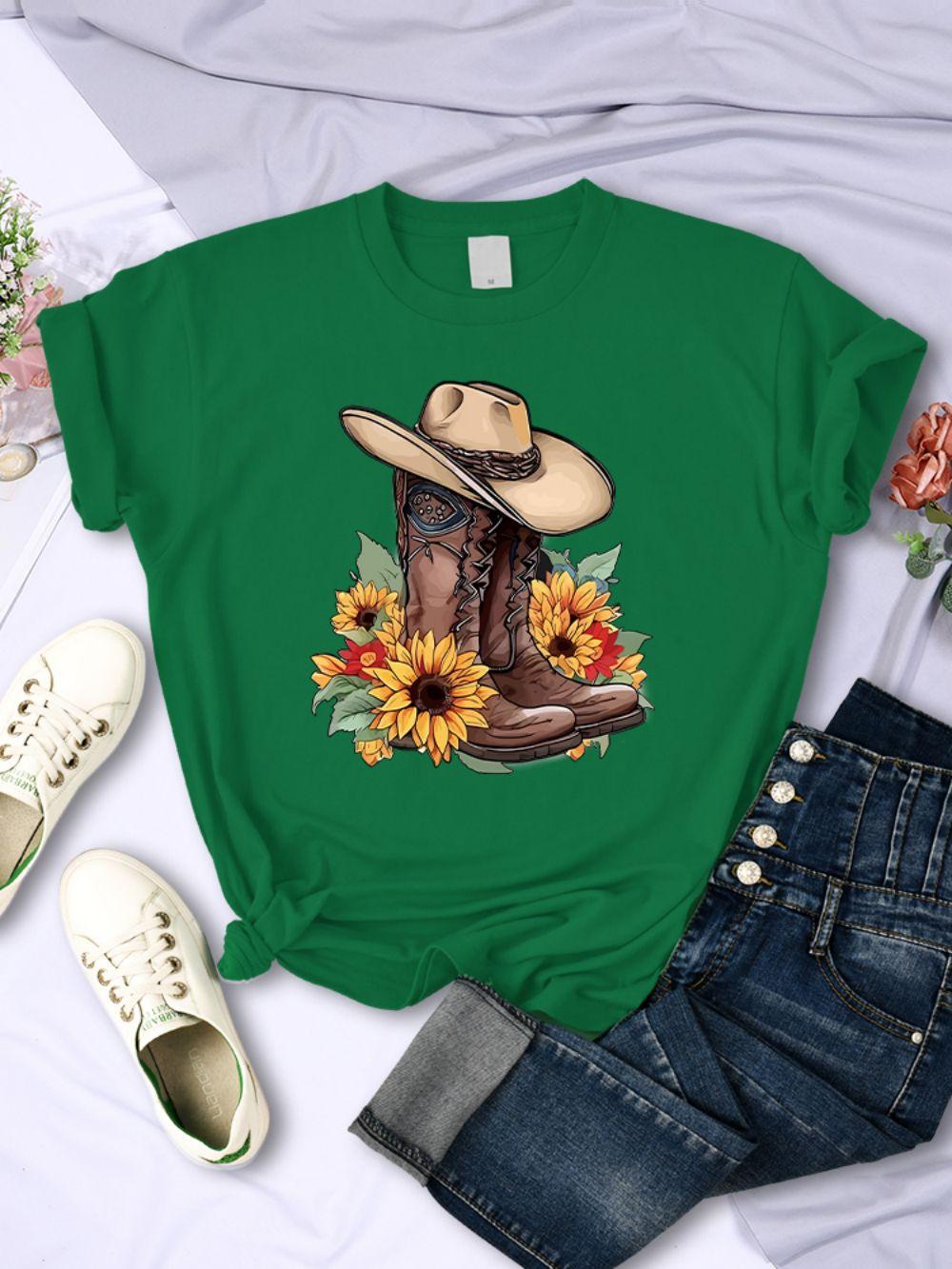 

Cartoons Women TShirts Cowboy Riding Boots Sunflowers Printed Tees ONeck Comfortable Soft Short Sleeve Summer Female Clothes 4XL