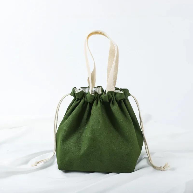 Small Fresh Drawstring Canvas Bag Hand Handbag Japanese Portable Bento Bag Large Capacity Bunched Lunch Box Bag