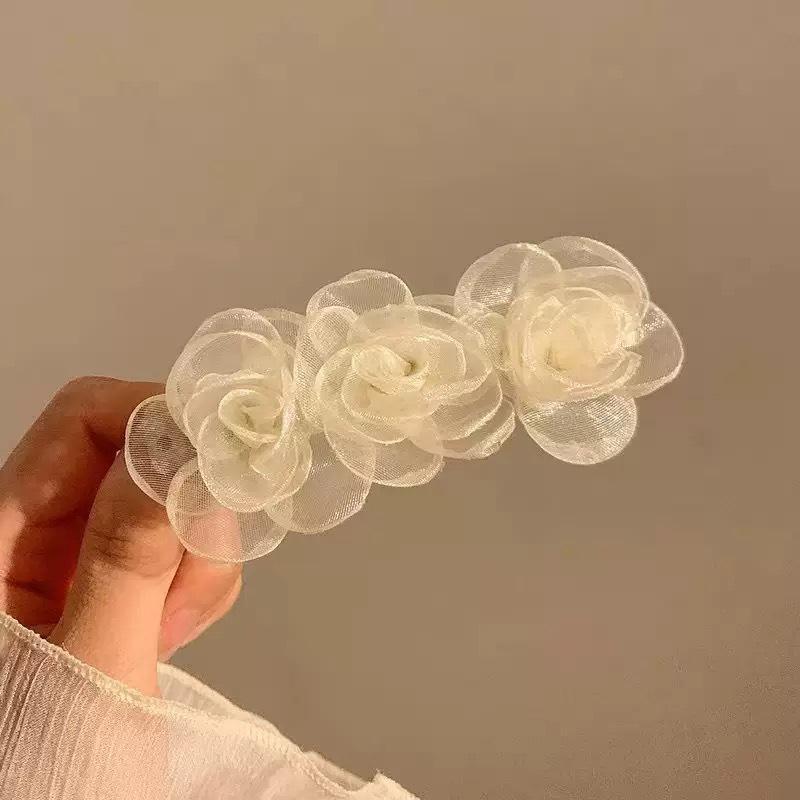 1Pcs White Rose Flower Hair Clips For Women, Elegant Organza Satin Hair Barrettes, Bridal Hair Accessories For Wedding, Party
