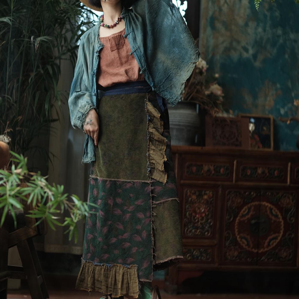 Luo Gu Ni Original Green Patchwork Cotton Linen Lace-Up Wrap Skirt