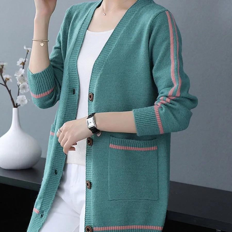 Women's Spring Autumn Outwear Cardigan Mid Length Loose Knitted Sweater Coat Knitwears Jacket