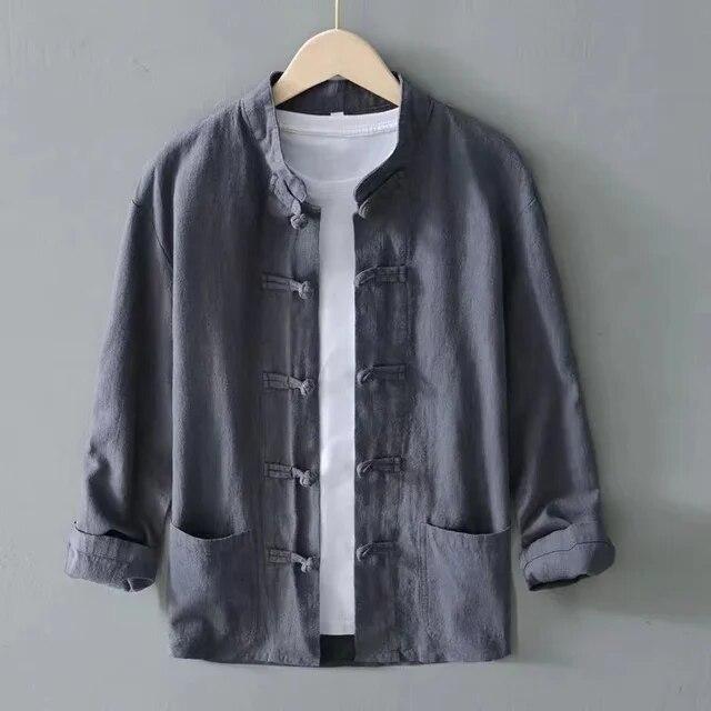 Plus Size Men Cotton Linen Shier Autumn Spring Men Collarless Long Sleeve Frog Button Loose Blouse Tops Oversized