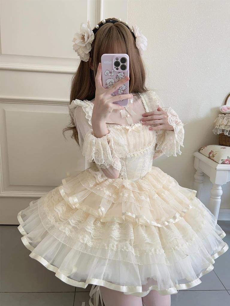 XHSUKADO Lolita JSK Jumper Skirt with Dreamy Cute Gothic Lolita Outfit with Ruffles and Mori Idol Apricot Size M Ribbon, Women's One-Piece Dress,
