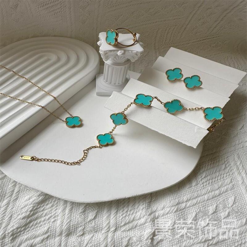 Juego de Joyería de Trébol de Cuatro Hojas de 15 mm en Acero de Titanio con Incrustación de Nácar - Collar Pulsera Pendientes Anillo Mujeres Hombres