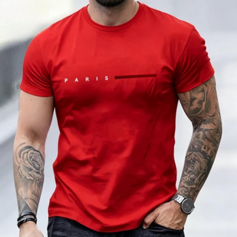 Unisexs Soft Cotton Tshirt Paris Split Letter Simple Red Stripe Print Short Sleeve Urban Streetwear Plain Tee Tops