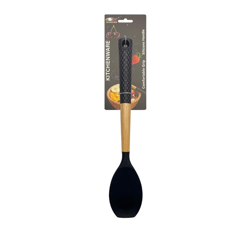 Black Wood Handle Silicone Kitchenware Set: Food-Grade Spatula, Soup Ladle & Cooking Utensils