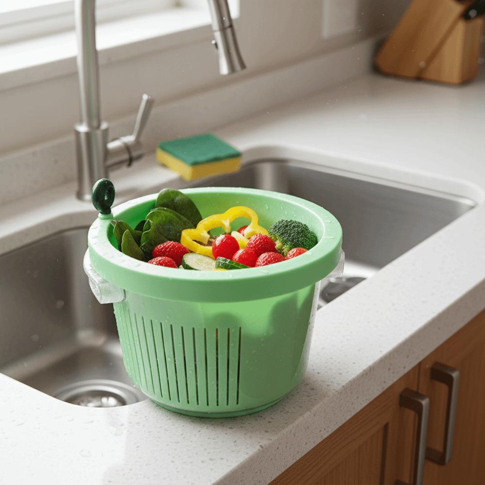 Manual Vegetable Drain Basket 360°Rotatable Large Capacity Vegetable Dehydration Basket Double-layer Plastic Fruit Washing Basin