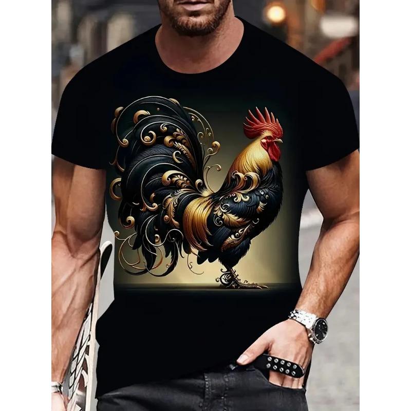 Summer Round Neck Colorful Rooster Graphic 3D Print Top Fashionable Casual Short Sleeved Men's T-shirts