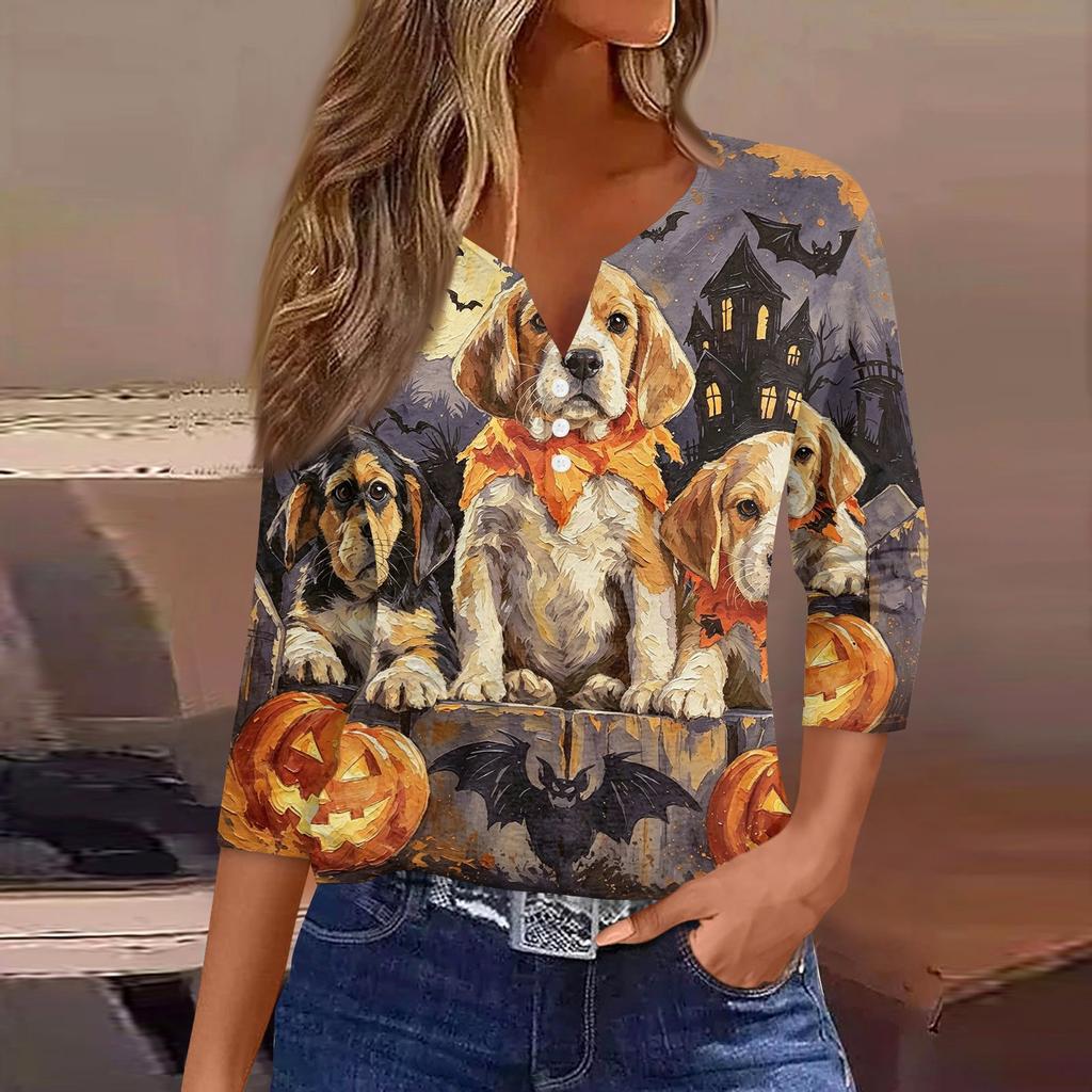 Women's Casual Halloween Print V-Neck Button Three-Quarter Sleeve Pullover T-Shirt