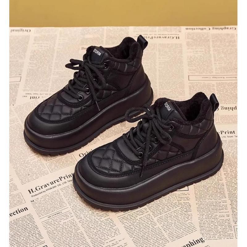 

Платформенные зимние ботинки женские 2024 новые зимние женские туфли теплые повседневные на шнуровке водонепроницаемые хлопковые ботинки 35 чёрный