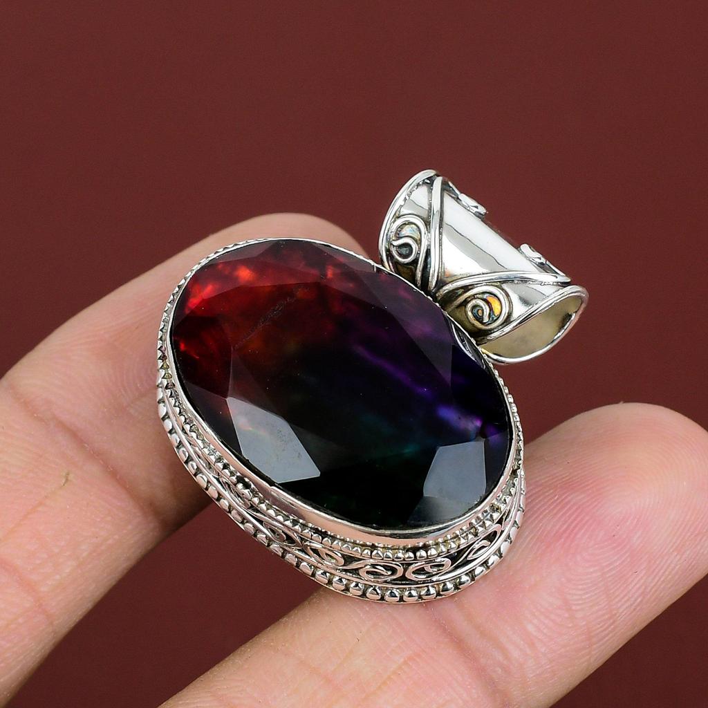 Faceted Ammolite Pendant Gemstone Pendant Handmade Antique Jewelry 925 Sterling Silver Pendant Vintage Pendant Gifts For Him Elegant Jewelry