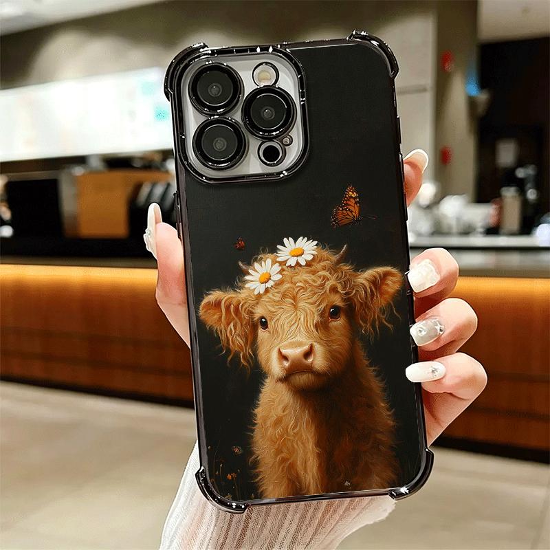 Cute Highland Cow Plating Phone Case For Iphone 16 17 Pro Max Air 16E 14 15 Plus 12 13 Mini Anti-Fall Airabag Cover