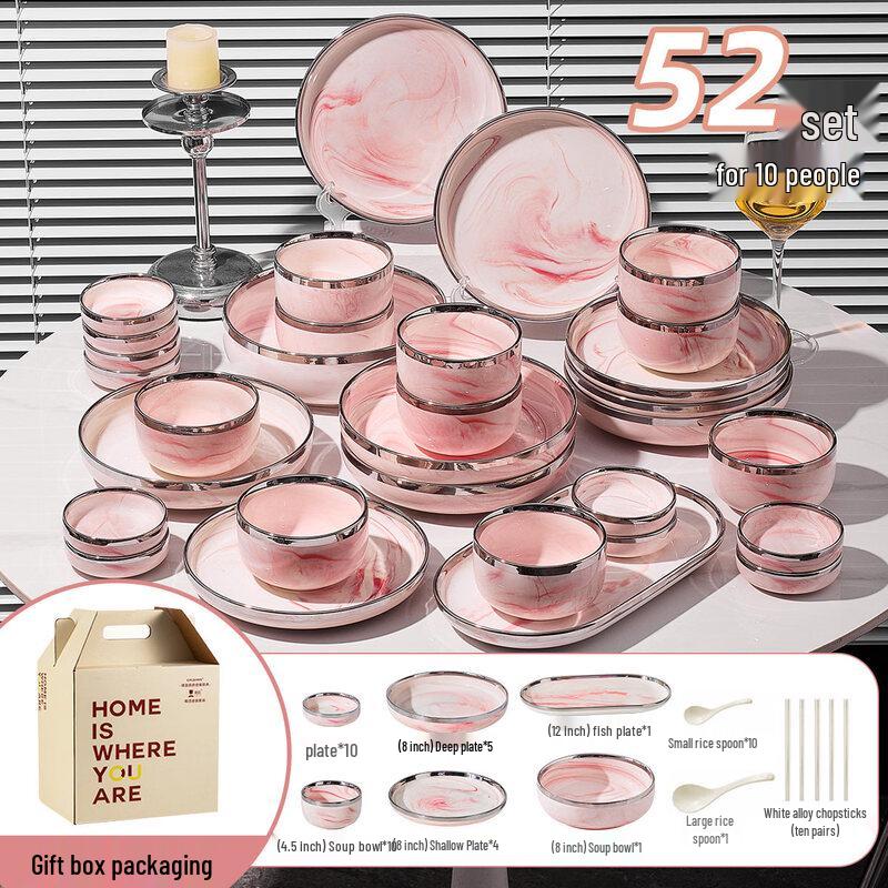 Wuhe Pink Marble Ceramic Dinnerware Set, 52-Piece