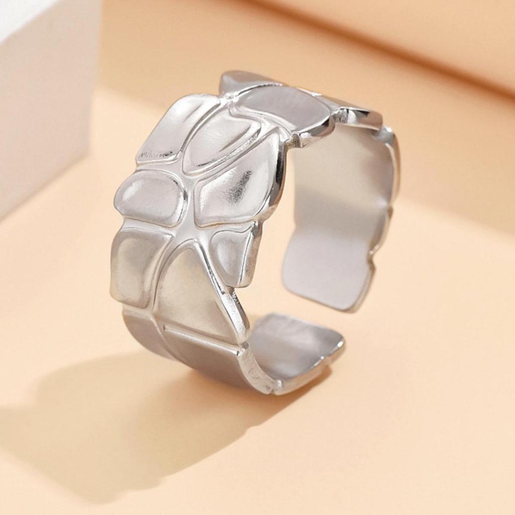 European & American Geometric Wide Band Irregular Open Stainless Steel Adjustable Ring