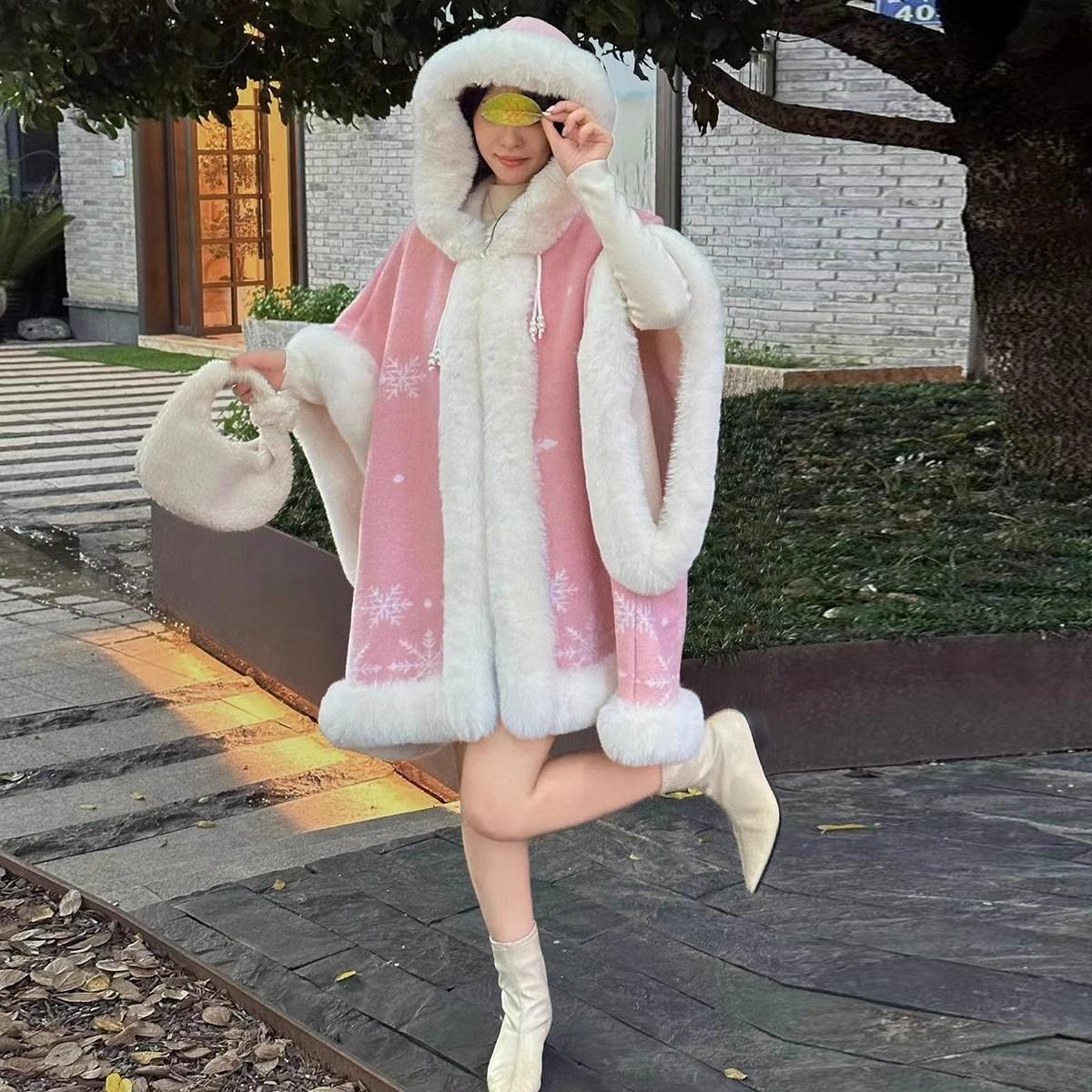 

811 #Зимний снежный флисовый утепленный плащ с капюшоном и большим меховым воротником для женщин, ветрозащитный теплый плащ на пуговицах One Size