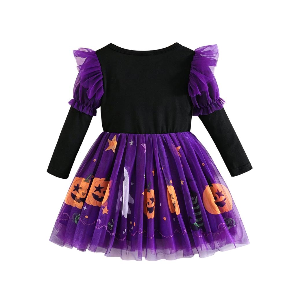 Vestito di Halloween a maniche lunghe per bambine con stampa di zucca, a sbuffo, per festa