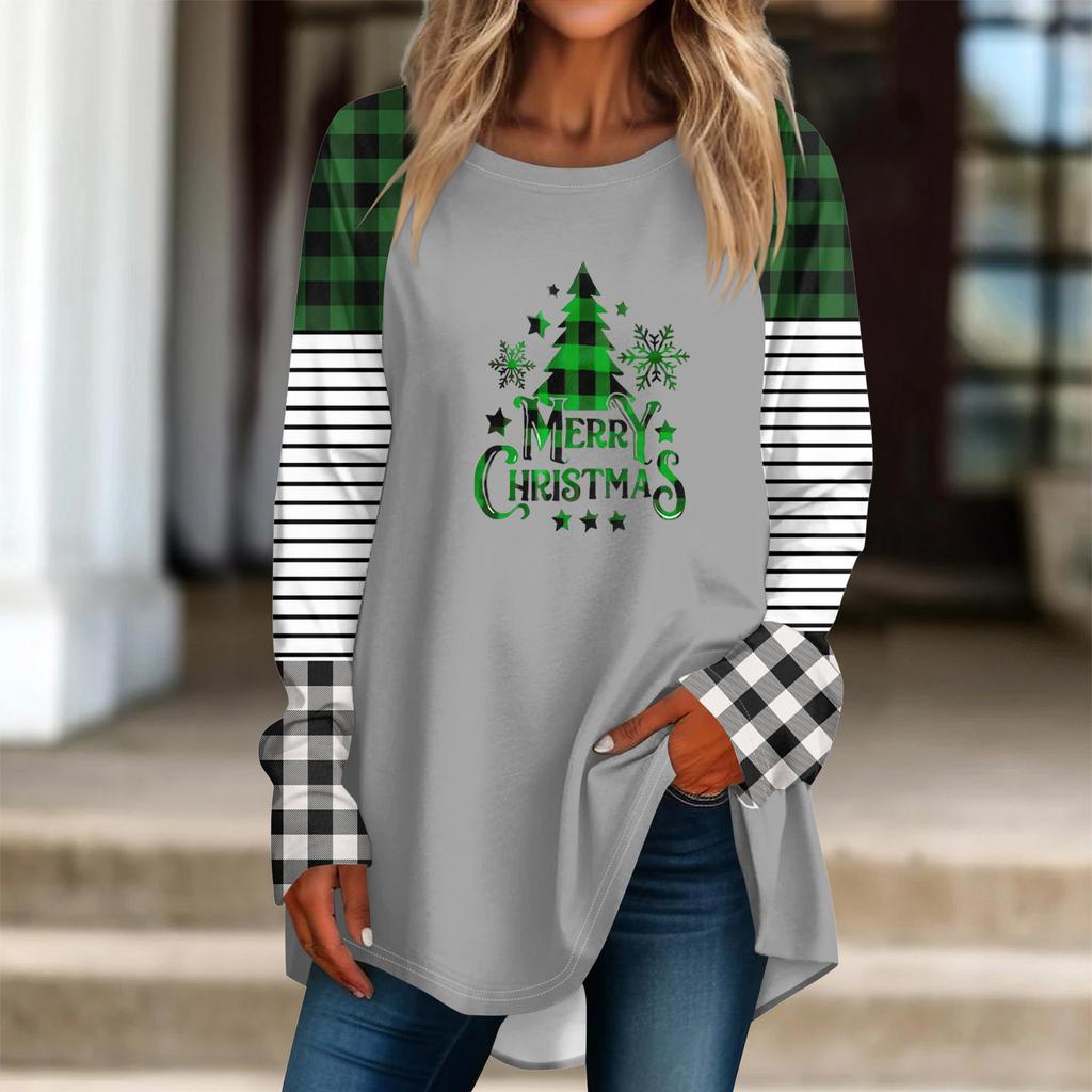 Fashionable Women's Loose Round Neck Christmas Small Print Long-sleeved T-shirt Top Pullover