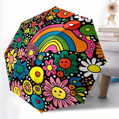 1pc Flower, Rainbow Doodles Automatic Open/close Folding Umbrella, Compact Portable Travel Umbrella, Perfect Birthday/Christmas, Cute Umbrel