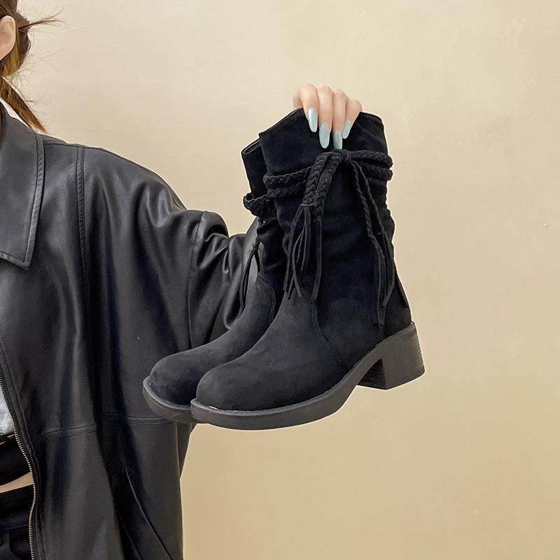 Wasteland Wind Fringed Knight Boots Autumn and Winter Fashion Retro Thick Heel But Knee Heel Boots Slim Western Boots