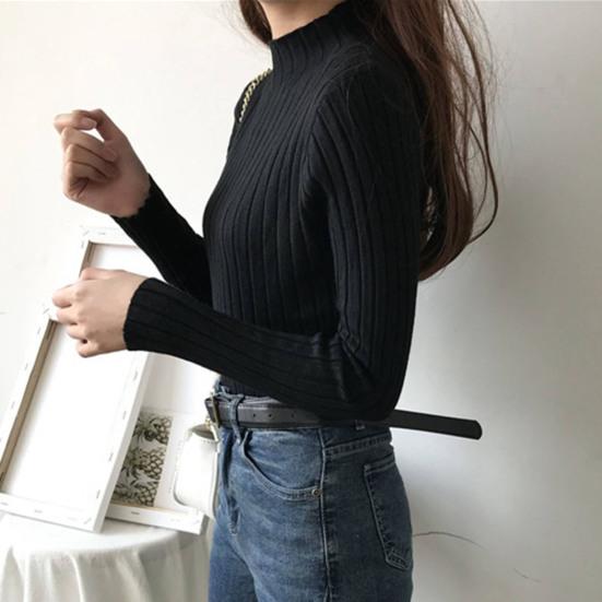 T-shirt moulant col semi-roulé manches longues tricot côtelé tops automne hiver chemise à superposer décontractée bureau soirée