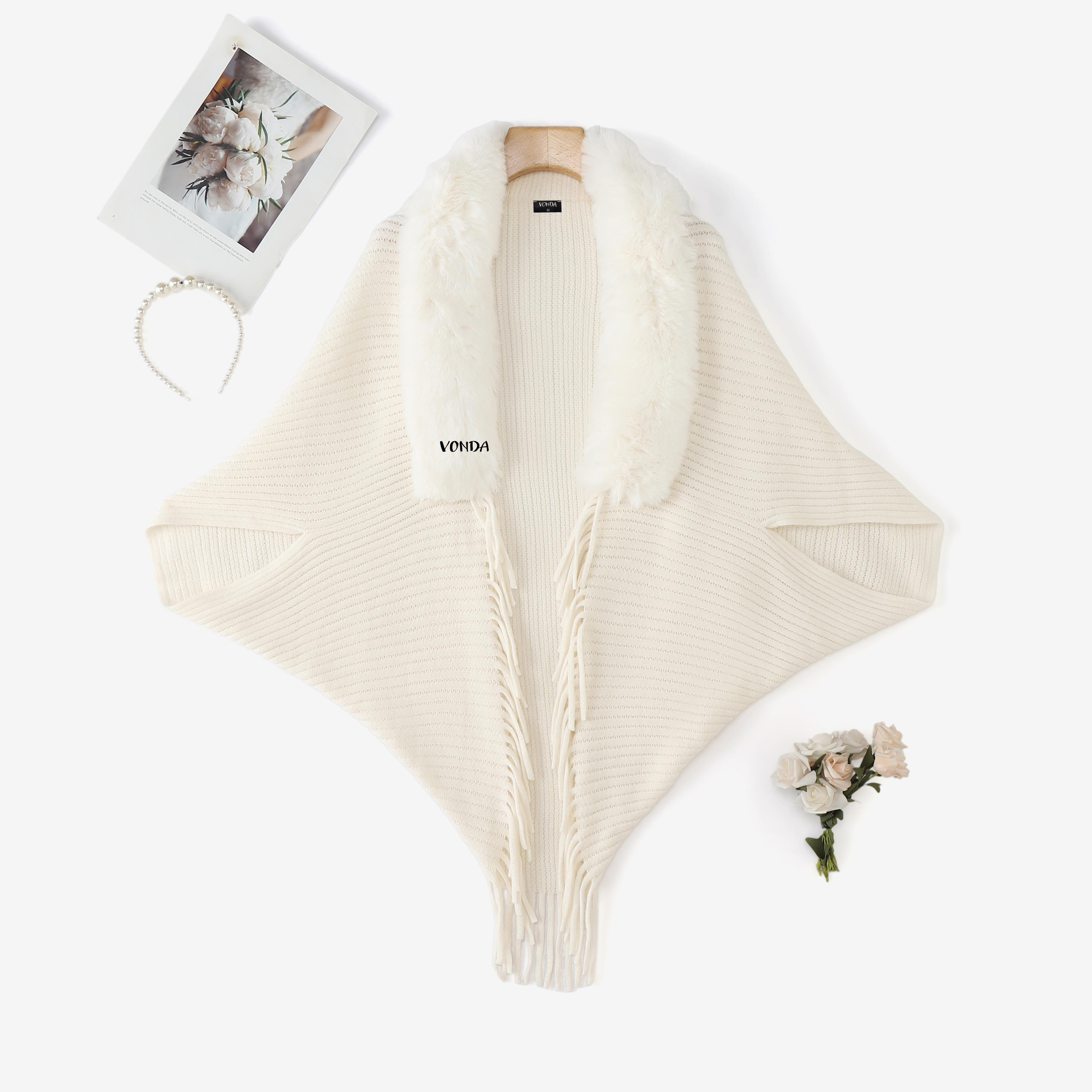 

VONDA Women Long Sleeve Fluffy Tassel Splicing Open Front Casual Knitted Sweaters Cardigans One Size білий