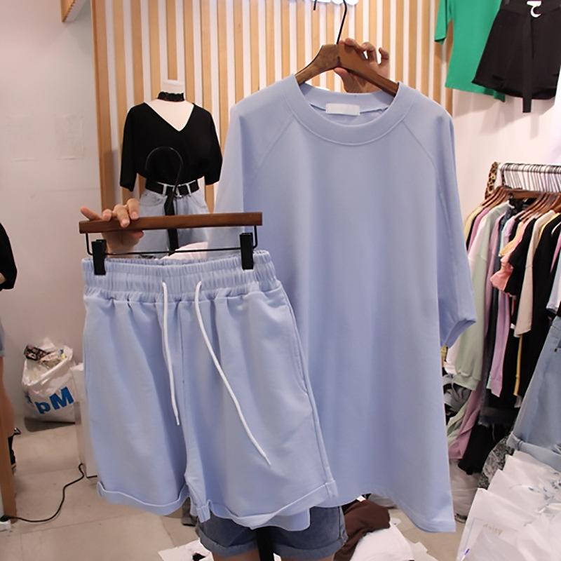 

Летний повседневный спортивный костюм, свободная футболка с короткими рукавами, широкие шорты, двухкомпонентная женская одежда XXL небесно-голубой