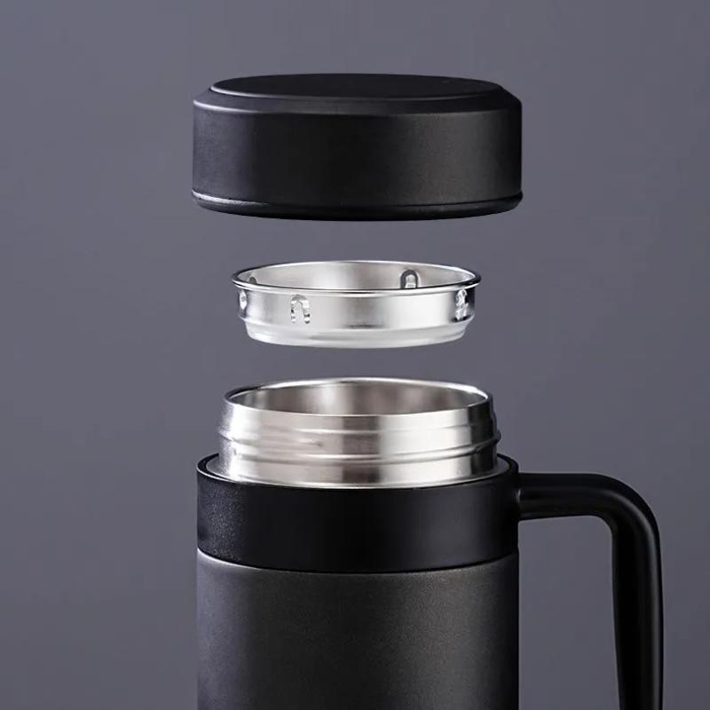 Taza térmica de acero inoxidable para hombre, taza térmica aislante y fría para oficina, taza de té con filtro portátil para negocios con asa