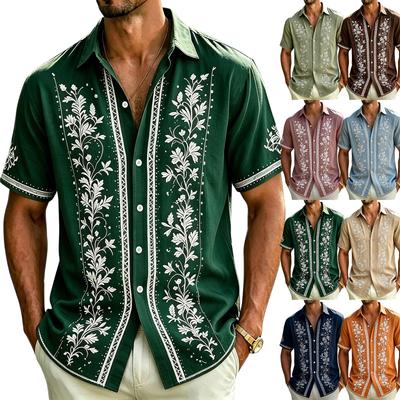 Men’s Short Sleeve Button Down Shirt with Floral Embroidery Casual Relaxed Fit Lightweight Material for Summer